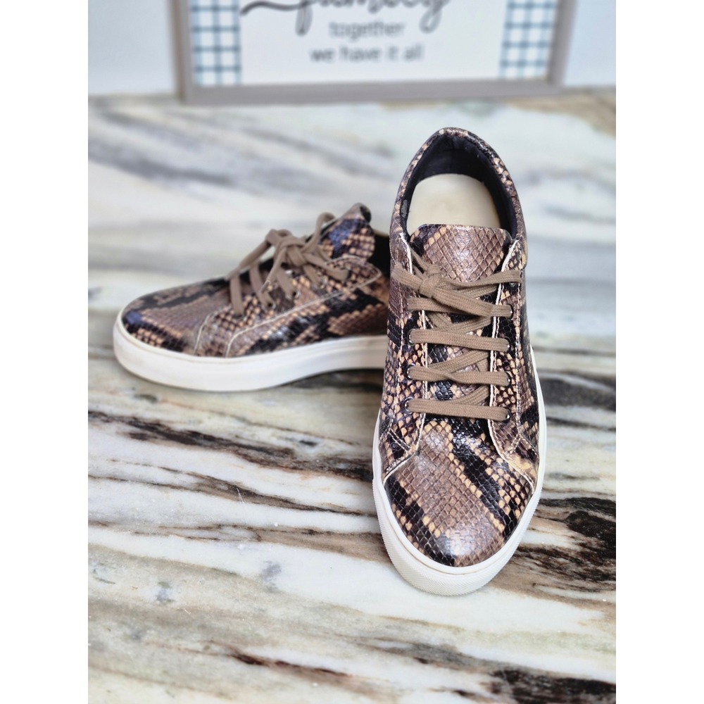 The FLEXX Womens Snakeskin Print Leather Low Top Sneakers Brown Black US 8 EU 39